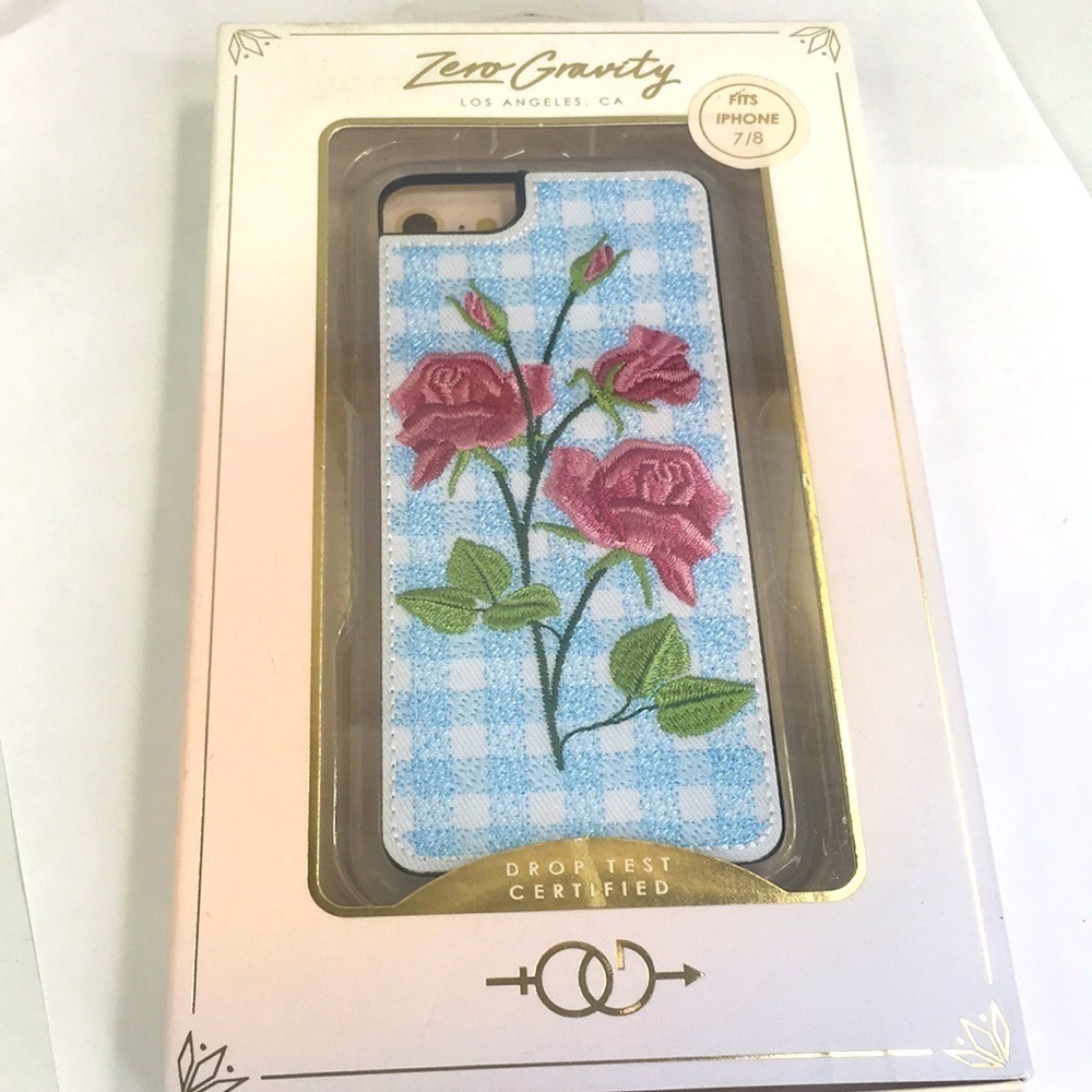 NEW Zero Gravity Iphone 7/8 cover embroidered roses with blue gingham